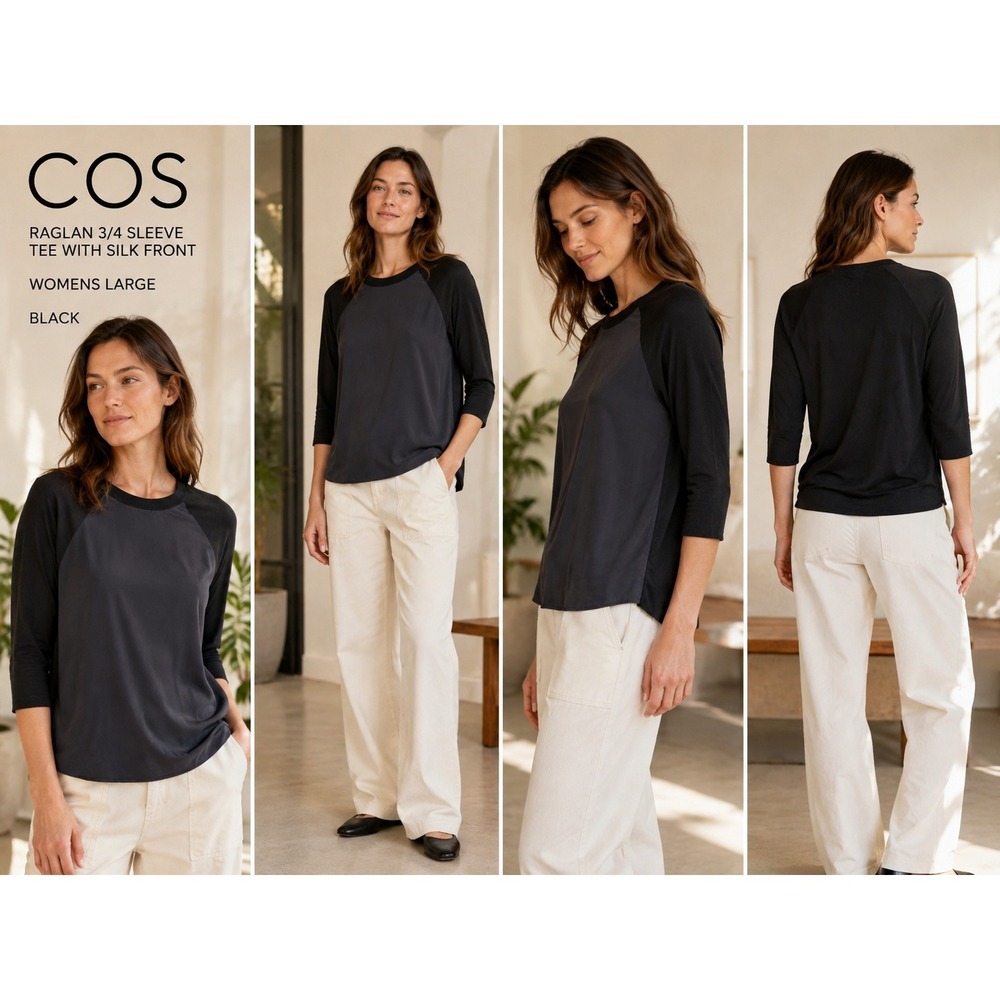 COS Black Silk Front Raglan 3/4 Sleeve Knit Top Minimalist Blouse Medium #1814